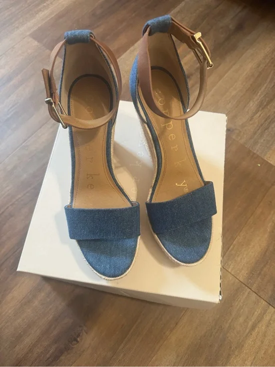 Copper Key Denim Blue Hightide Espadrille Wedge Sandals with Tan Ankle Strap