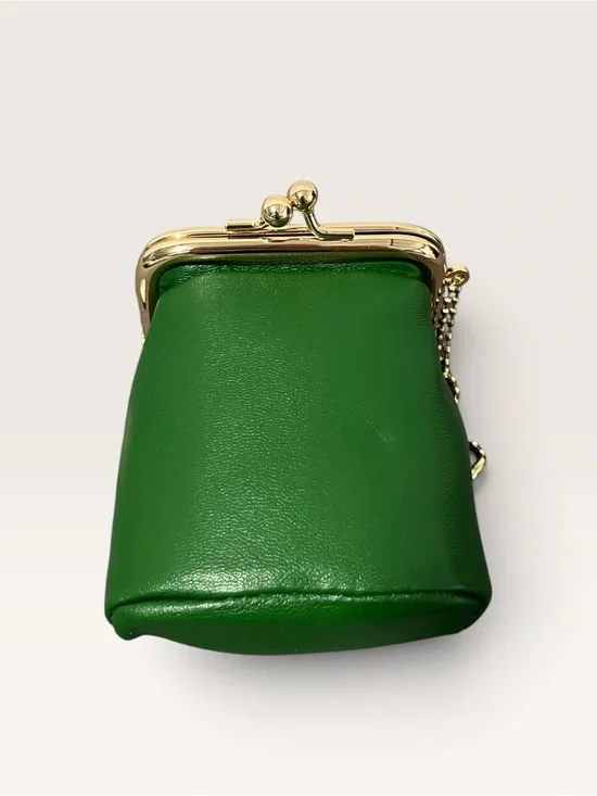 Green Leather Kiss-Lock Coin Purse with Chain