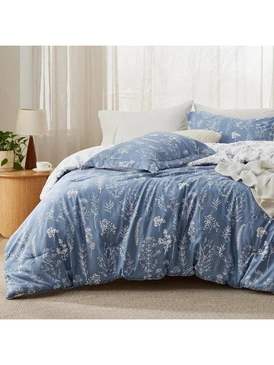 Floral Reversible Comforter Set - Cute Queen Bedding in Infinity Blue Design