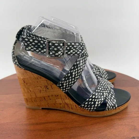 Cole Haan Wedge Sandals Black White‎ Snakeskin Print Cork Grand.OS Womens 8B