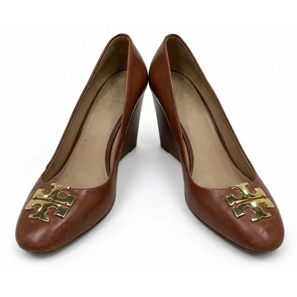 Tory Burch Sally Wedge Pumps Women 8.5M Tan Leather Good Gold Logo Heels