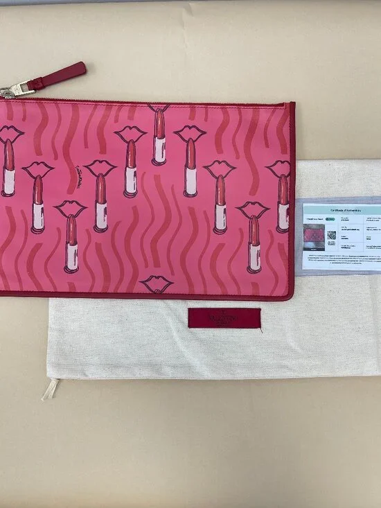 Valentino Garavani Pink Lipstick Print Leather Large Pouch - Preowned