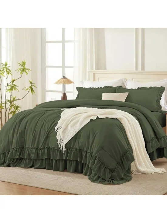 Olive Green Ruffle King Comforter Set - 3 Piece Solid Bedding for Cozy Home