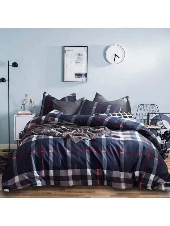 Navy Blue Plaid Comforter Set Full - Vintage Buffalo Check Bedding for Teen Boys