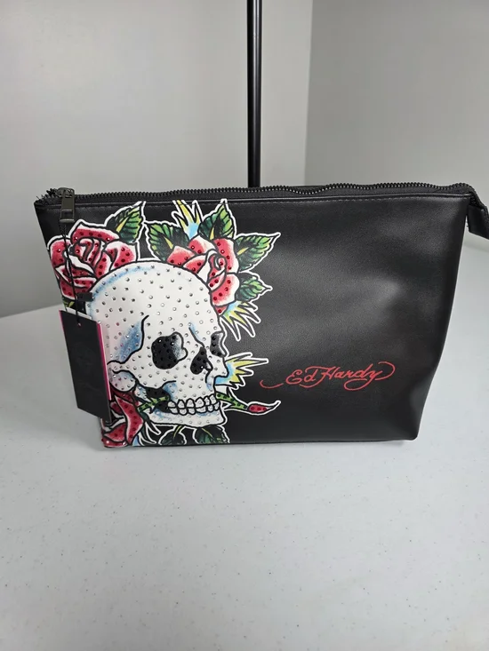 Ed Hardy Black Cosmetic Pouch with Skull & Red Rose Graphic
