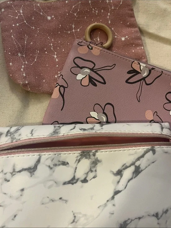 Pink Floral Convertible Women's Clutch Pouch Set Lavender Colors Cosmetic 107