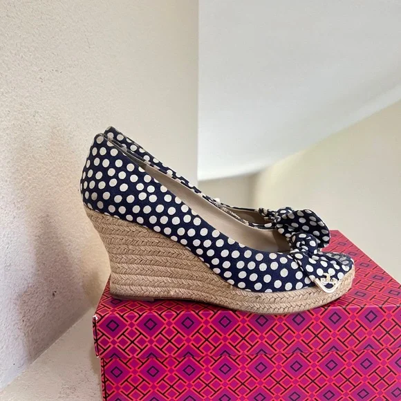 Tory Burch Dory‎ Navy/White Polka Dot Peep Toe Espadrille Wedge Sandals Size 10