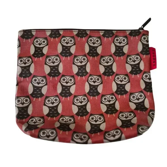Nicky‎ James London Owl Print Makeup Bag Red Canvas Cosmetic Pouch Case
