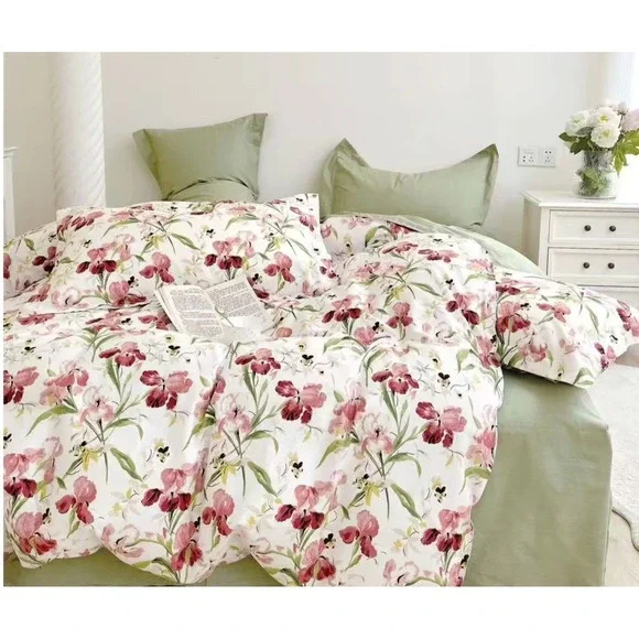 Ada Lucina Red Green 100% Cotton Comforter Reversible Comforter Set‎ of 3 King