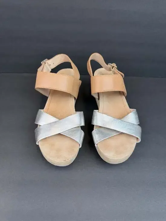 Dansko Women's Metallic Silver Tan Leather Platform Wedge Sandals US 8.5 EU 39