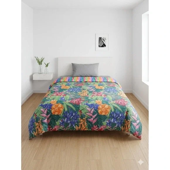 Vintage Tropical Print Floral Print‎ Reversible Abstract Striped FULL Comforter