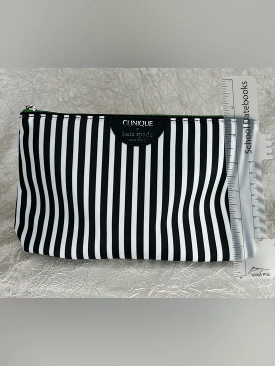 Clinique x Kate Spade Black White Striped Green Dots Makeup Bag Zipper Purse