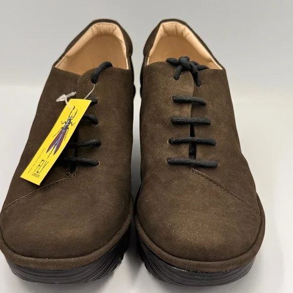 Fly London Yasi Brown Suede Lace Up Platform Wedge Shoes Round Toe NWT