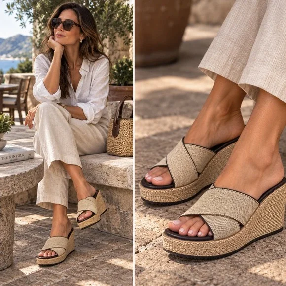 Donald Pliner‎ Idealje Beige Woven Crisscross Wedge Sandals Womens 7M Leather