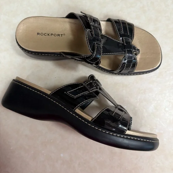 Rockport Black Low Wedge Sandals 7