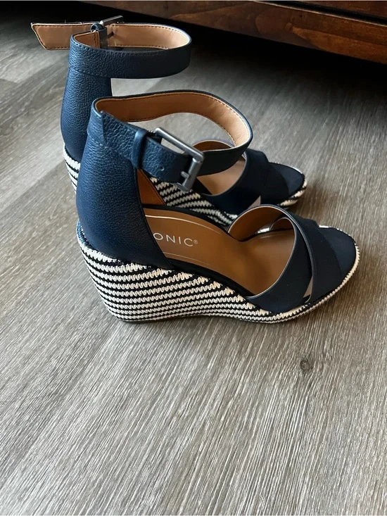 Vionic Navy and White Striped Espadrille Wedge Sandals