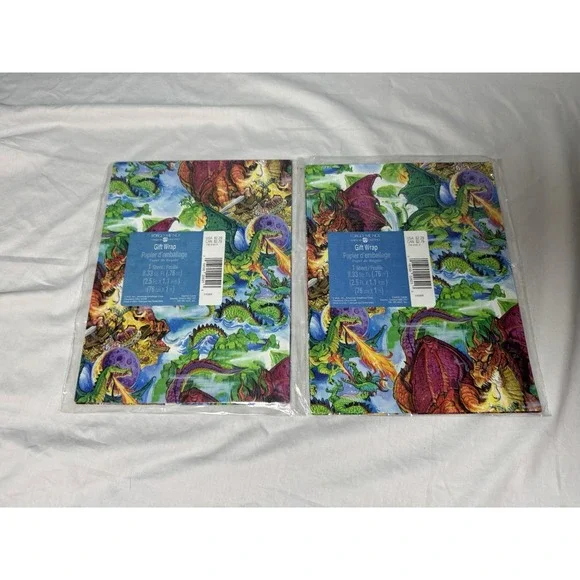 Lot Of 2 Dragon Vintage Wrapping Paper Sheets Gift Wrap Birthday AGC Fantasy