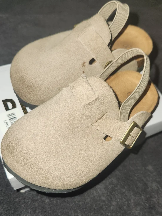 Kids Neutral Beige Suede Slingback Clog Slippers