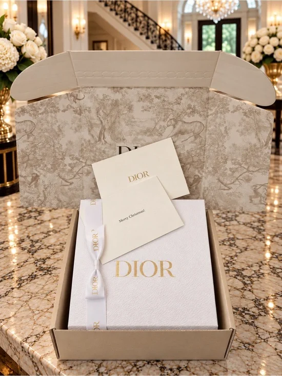 New Dior Medium Gift Box 9x9x4.5” White Textured Gold Logo Ribbon Holiday Card