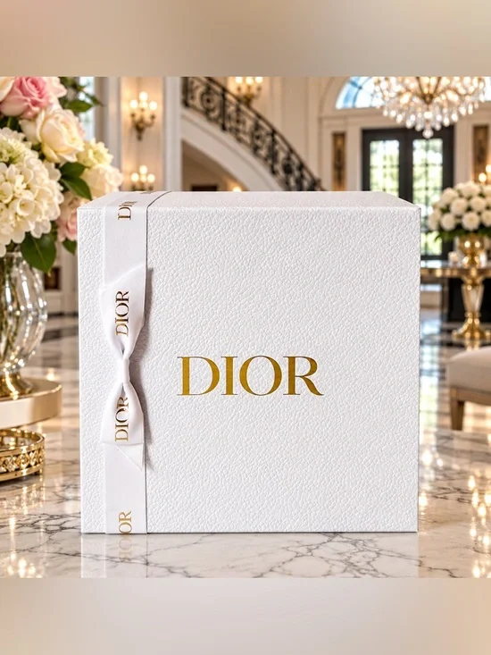 New Dior Medium Gift Box 9x9x4.5” White Textured Gold Logo Ribbon Holiday Card
