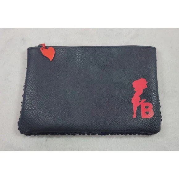 Betty Boop x Ipsy Black Sequin Makeup Bag Red Silhouette Heart Charm Glam Pouch