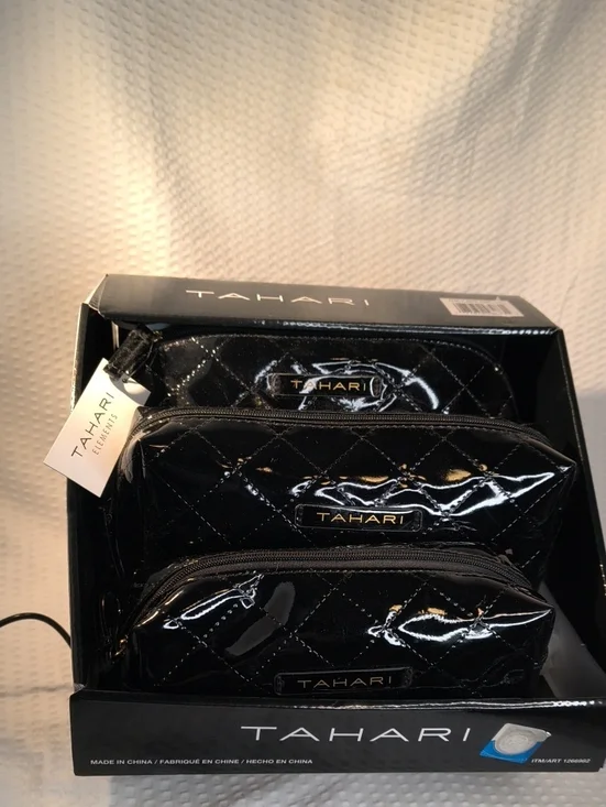 Tahari Black Quilted Patent Toiletry Pouch 3 Piece Set