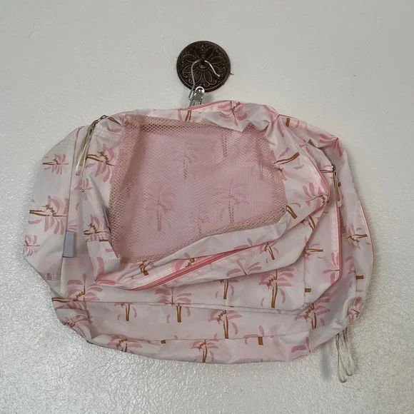 Hang Accessories Travel Organizer Bag Pink White Floral Mesh Pocket Zipper Case