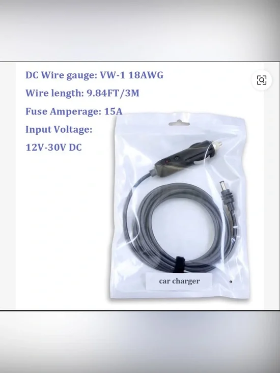 Black Car DC Charger Cable with 3M Lead and 15A Fuse