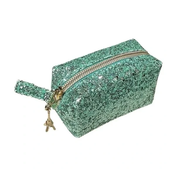 Too Faced La Petit To Go‎ Green Glitter Small Makeup Case with Paris Charm, New