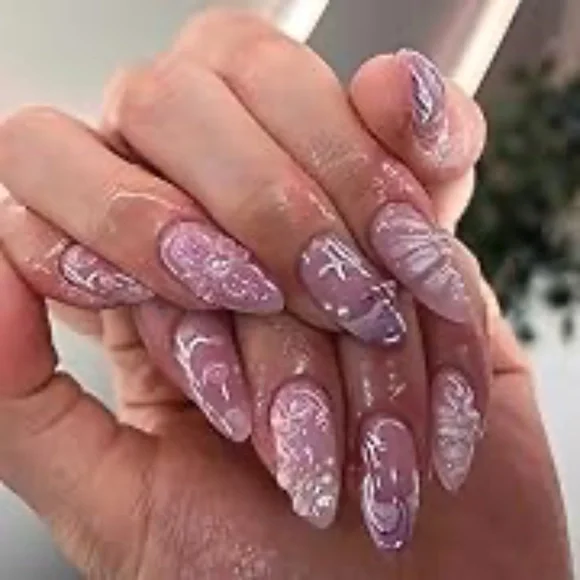 Pink And Purple 3D Pearls Medium Almond Press-On Nails