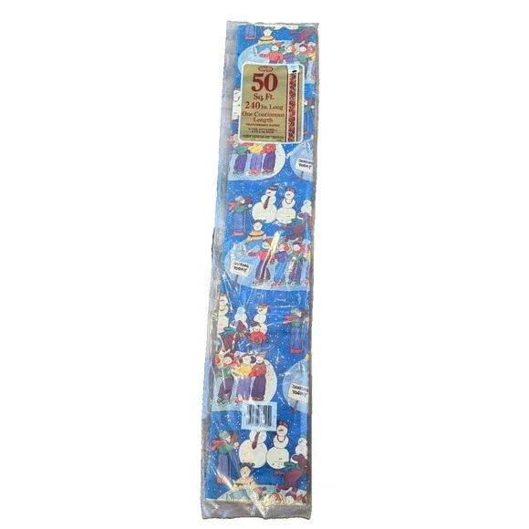 Vintage‎ Cleo Christmas Wrapping Paper Skating Snowman 50 Sq Ft Sealed USA