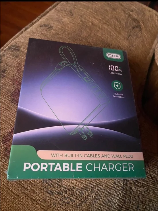 NIB set of 2 Portable Charger with built-in cables and a wall plug
