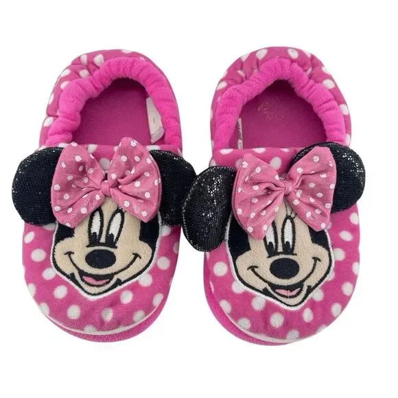 Disney Minnie Mouse Girls Pink Polka Dot Sequin Plush Slippers XL 11/12