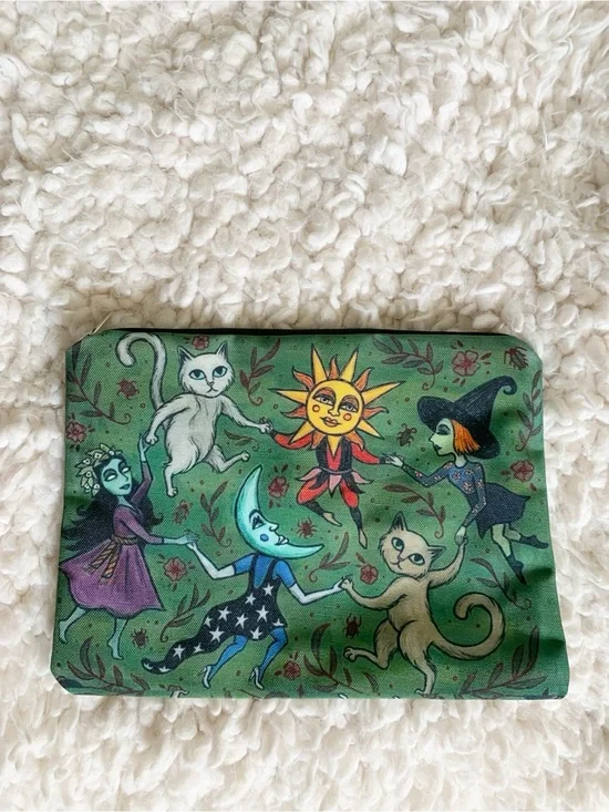 Spooky Celestial Whimsical Cat & Witch Travel Makeup Bag