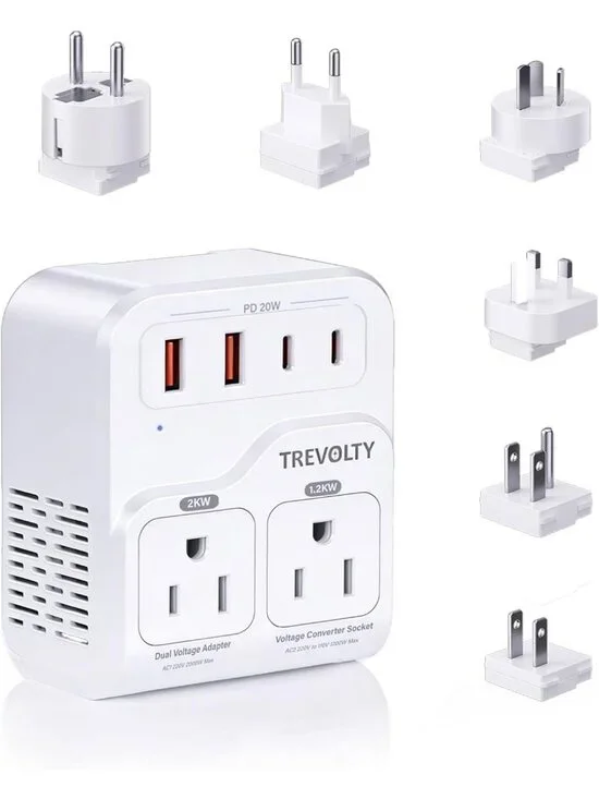 2000W Voltage Converter for European Travel, 7-in-1 Adapter with 3 AC/2 USB