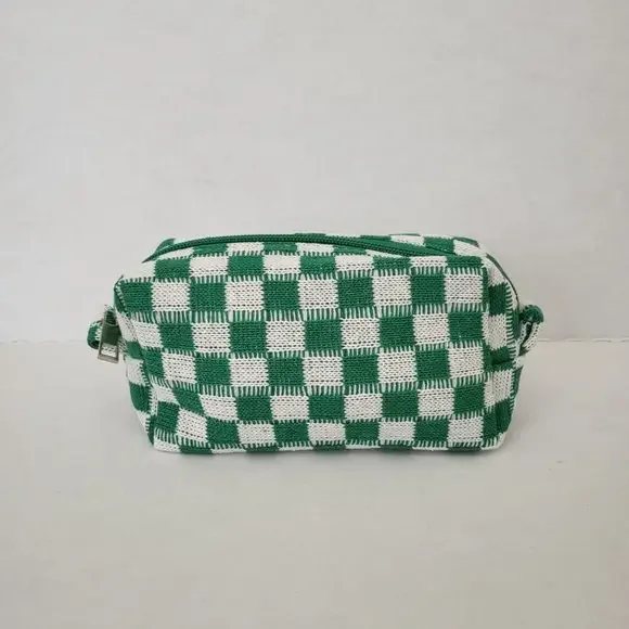 Women's Checkered Print Cosmetic Make Up Beauty‎ Bag in Green