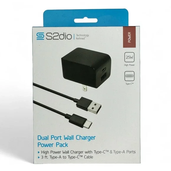 S2dio 25W Dual Port Wall Charger USB-C & USB-A Power Pack with 3ft Type-C Cable