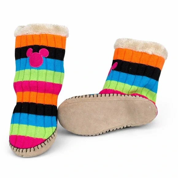 Disney Mickey Mouse Slipper Boots Kids Large XL Striped Knit Faux‎ Fur Lined