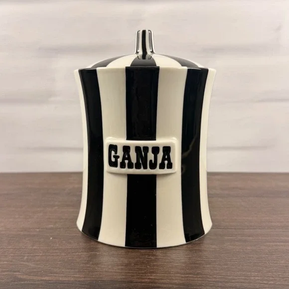 Jonathan Adler Vice Ganja Canister Retired Black White Stripe Porcelain