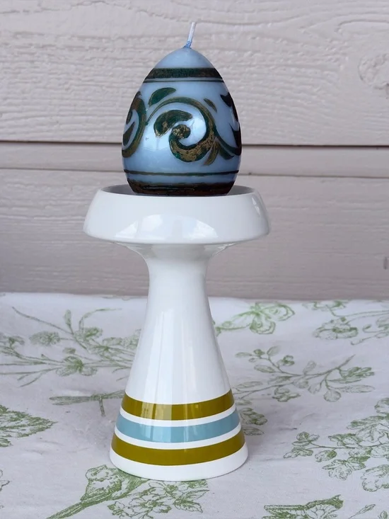 Jonathan Adler Happy Chic Ceramic Sky & Olive Striped Pillar Candle Holder