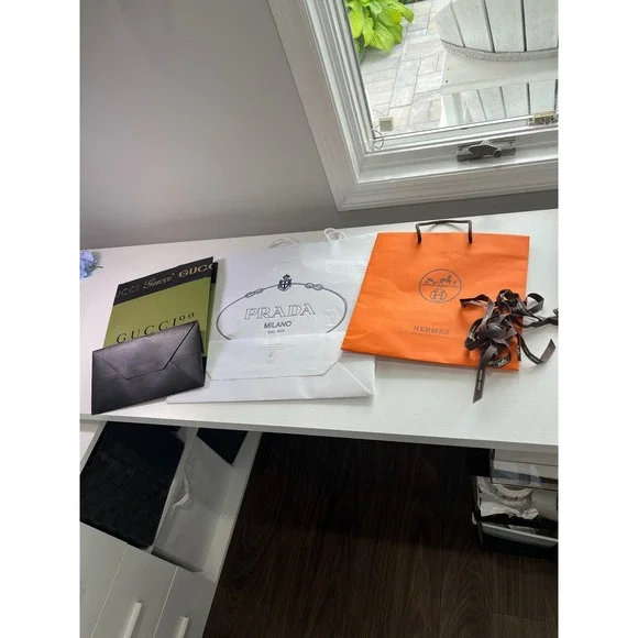Lot of‎ 3 Hermes Prada Gucci 100 Designer Shopping Bag Bundle w Hermes Ribbon