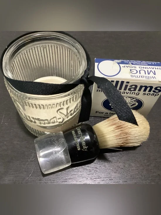 Vtg. Shave set, Burma Shave ribbed glass jar, Everready shave brush,shaving soap