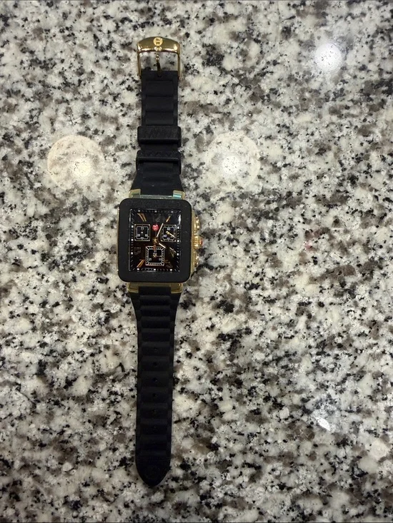 Michele Black Silicone Band Watch with Gold-Tone Square Case