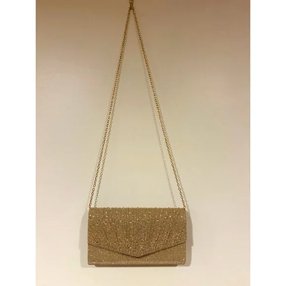 OTD Land Gold Beaded Glitter Clutch, Snap, Detach Chain Crossbody Strap