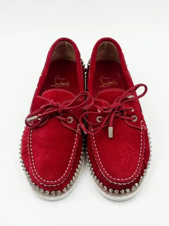 Christian Louboutin red suede loafers with silver studs