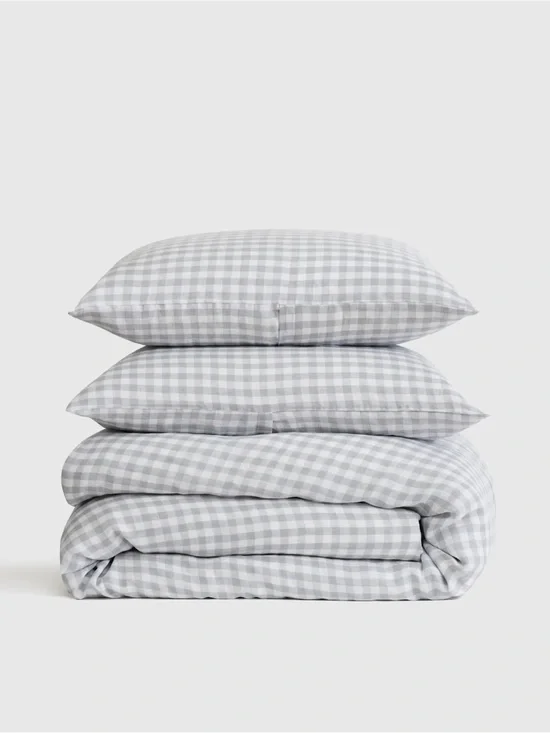 Quince European Linen Duvet Cover Set in Blue Fog Gingham Queen Size 1338