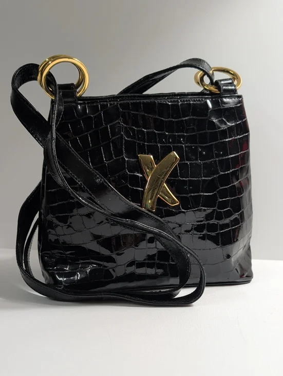 Vintage Paloma Picasso Black Alligator-Embossed Patent Shoulder Bag
