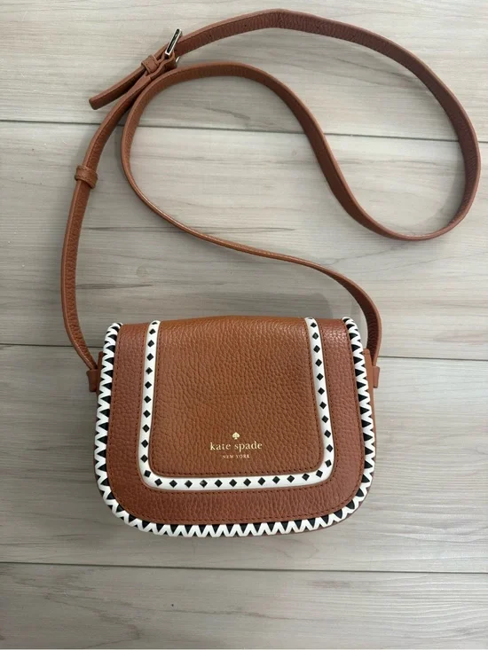kate spade Tan Leather Crossbody with White & Black Trim
