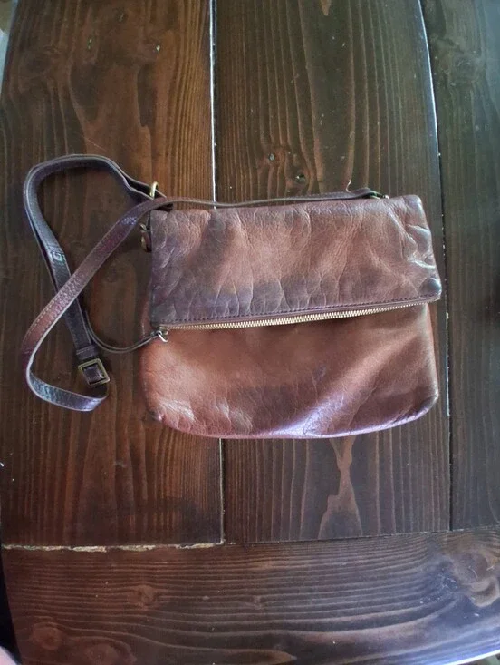 Margot New York Distressed Brown Geniune Leather Fold-Over Crossbody Bag Y2k