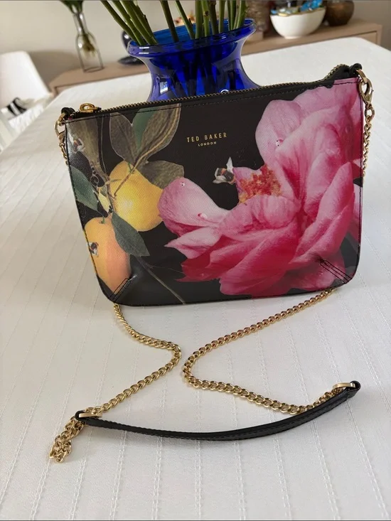 Ted Baker London Black Crossbody with Pink Floral and Yellow Fruit Design